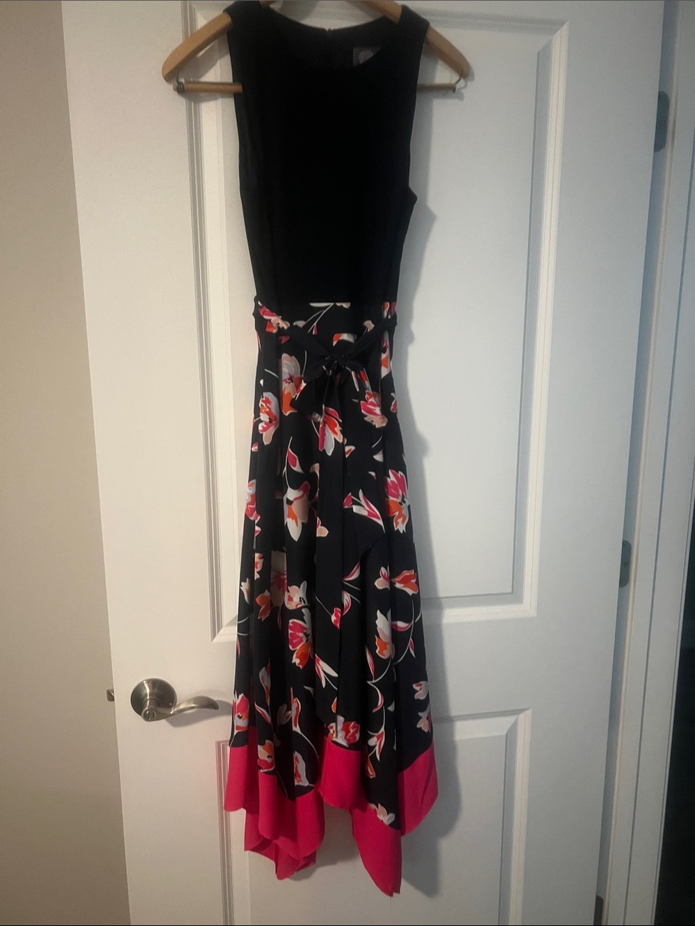 Vince Camuto Navy Floral Handkerchief-Hem Dress with Pink Accents size 8.